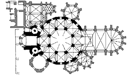 亞琛大教堂的平面圖和查理曼大帝的宮殿小教堂在中心突出顯示。 有一個十六面的門廊,高架畫廊環繞著中央的八角形圓頂。
